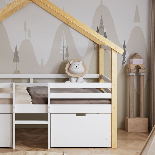 Wooden Bed, Children S Bed, 3ft Single Bed 90x190cm, MDF  Pinewood  Plywood, Safety Guardrail, Two Storage Drawers With Wheels,Roof Shape, White  Natural