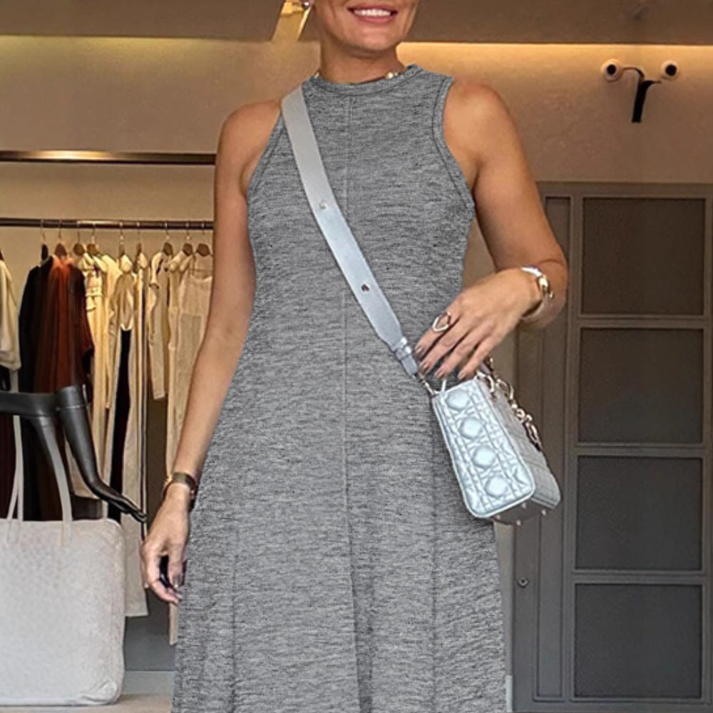 Commuter Gray Colored Cotton Sleeveless Waist A- Line Speaker Dress