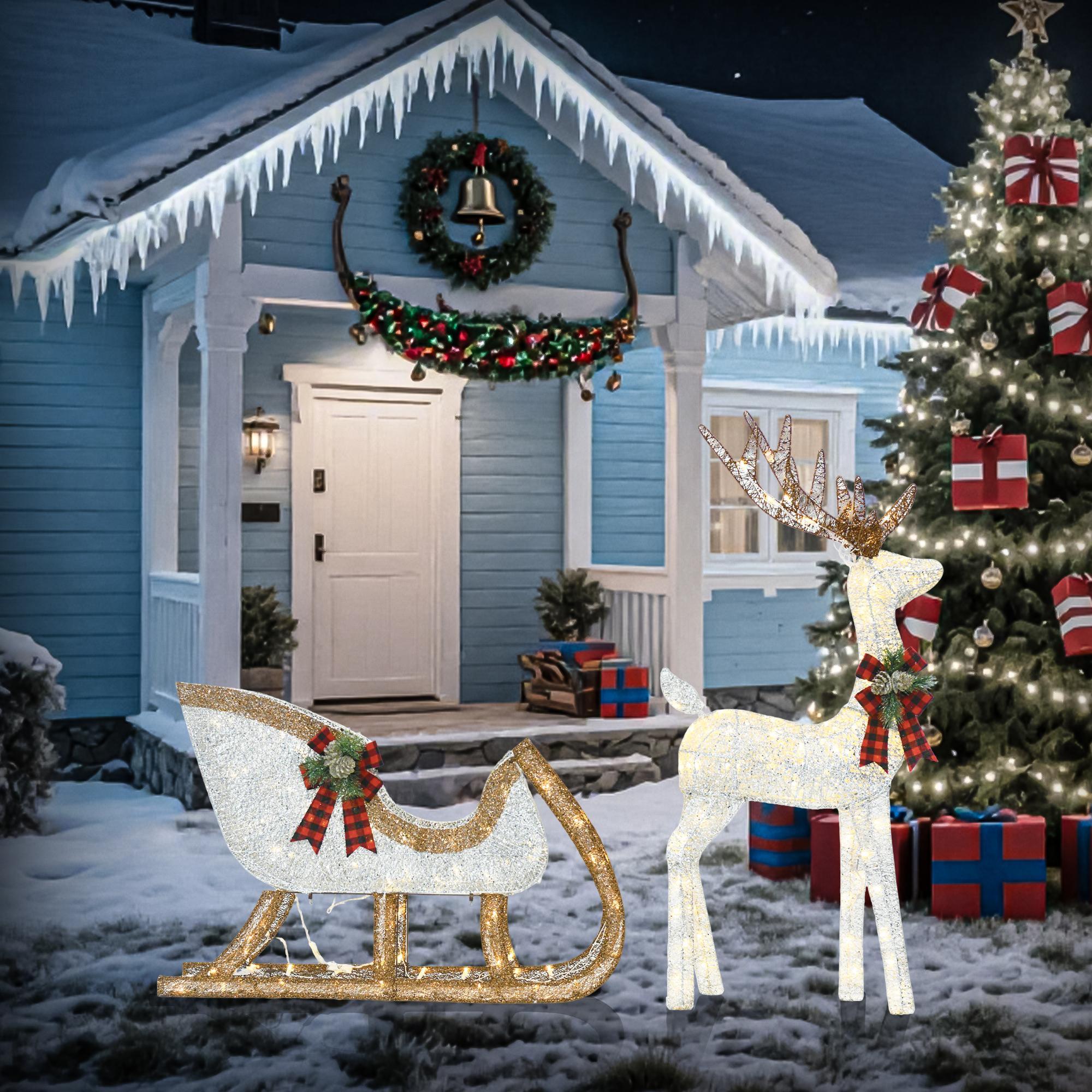 48-inch Christmas Reindeer And 38-inch Sleigh Decorations Create A Festive Atmosphere, Suitable For Indoor And Outdoor Scenes, A Must-have For Christmas