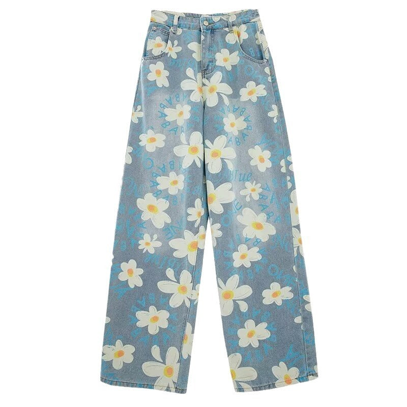 New Summer Printed Floral Wide-leg Washed Jeans For Women