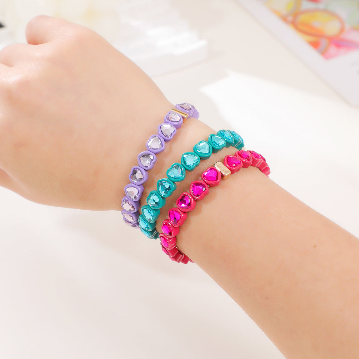 Rainbow Enamel Alloy Heart Bracelet Colorful Fashion Creative Stretch Bracelet
