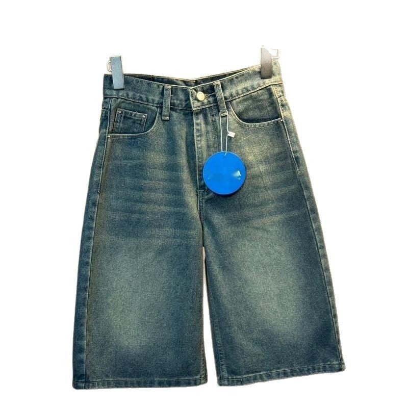 American Retro Washed Loose Design Fifth Pants Men