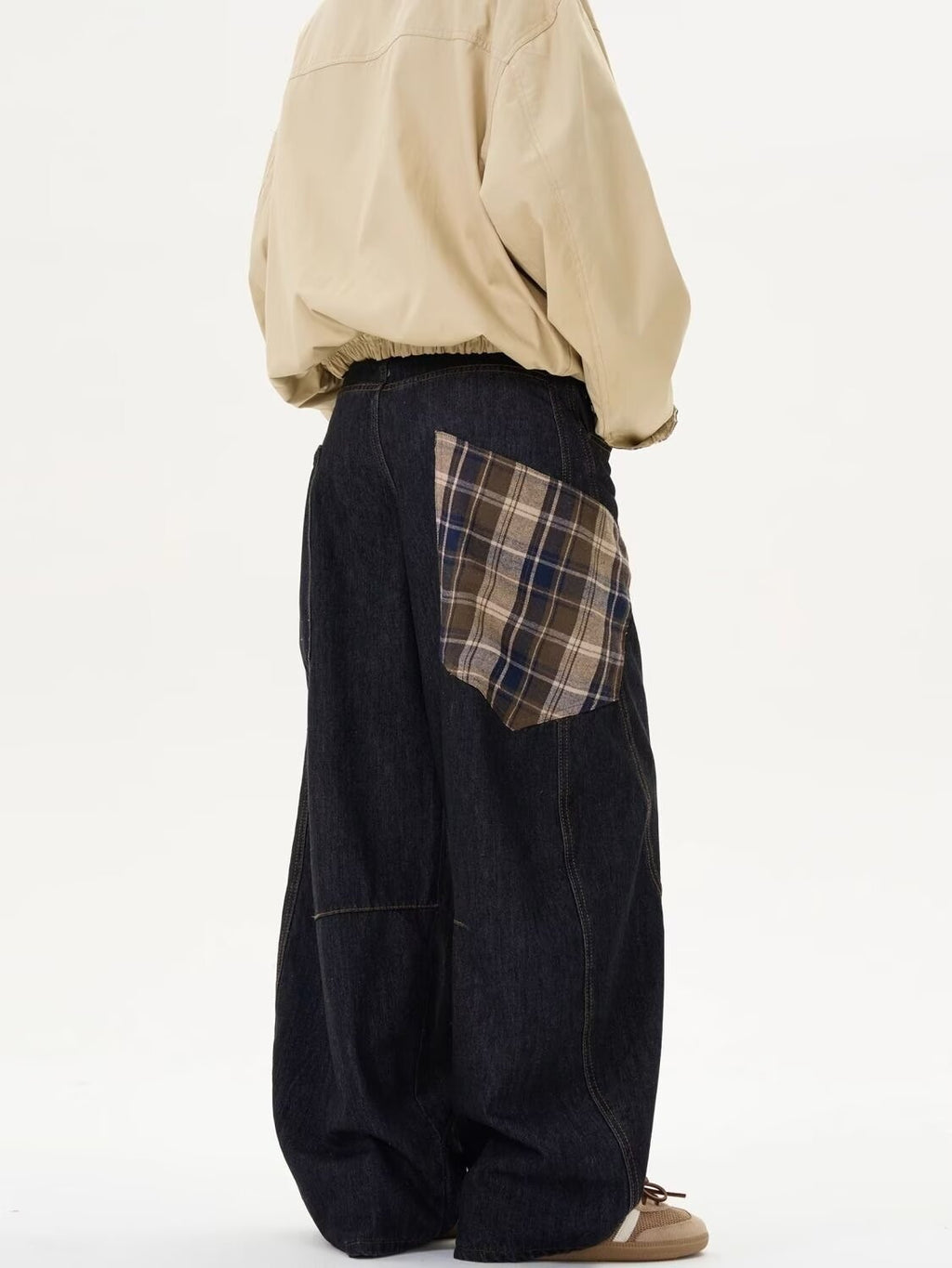 Fashion Plaid Stitching Sickle Wide-leg Jeans For Men