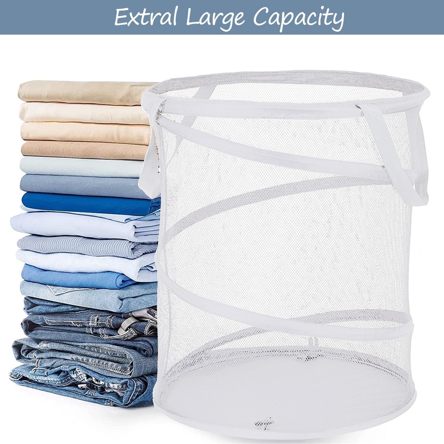 Large Collapsible Laundry Basket Foldable Mesh  Up Hamper With Handles For Laundry Room, Bath, Kids Room, College Dorm, Travel, Storage Organizer White