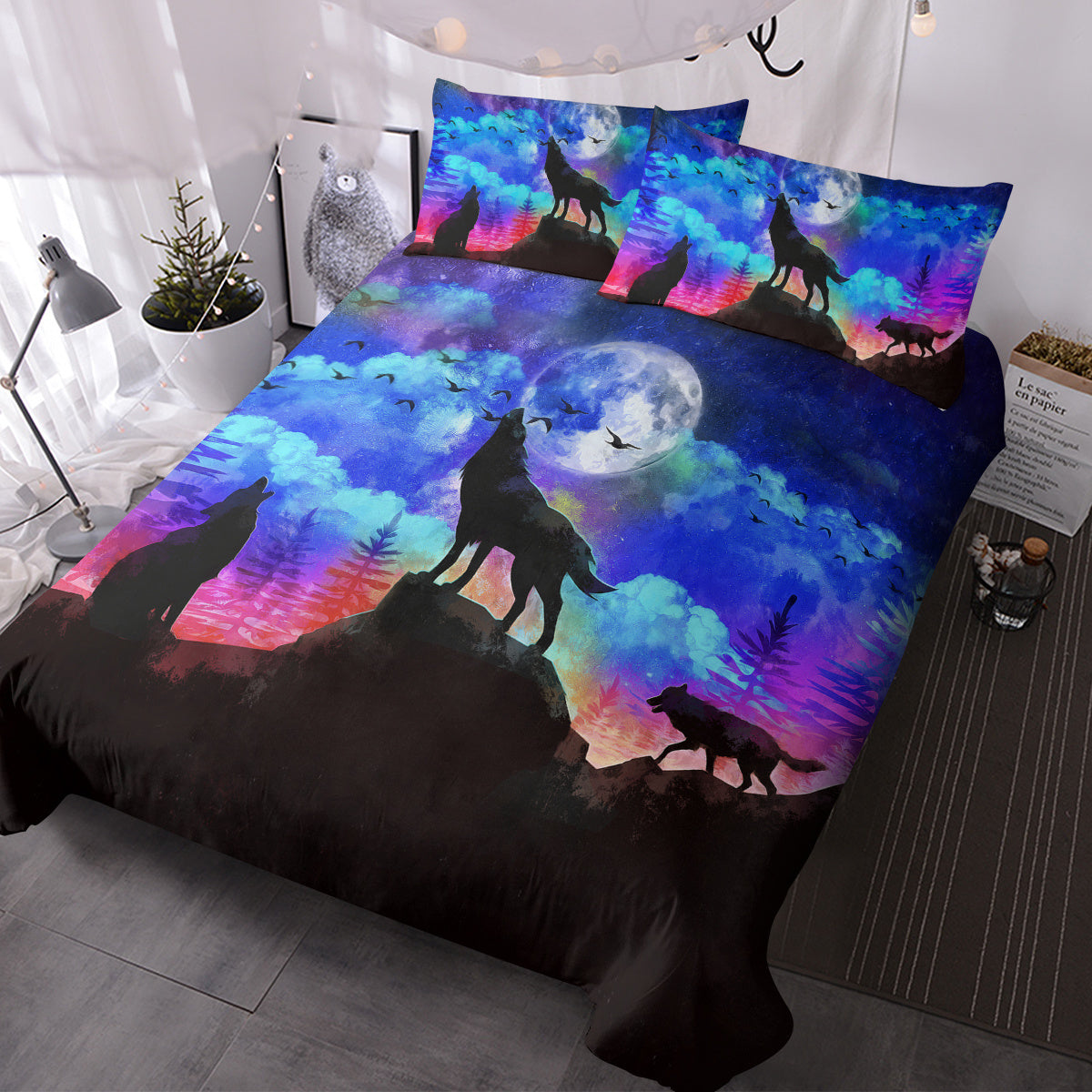 Moon Wolf Duvet Cover Set Single 3pcs Colorful Microfiber Kids Bedding Set