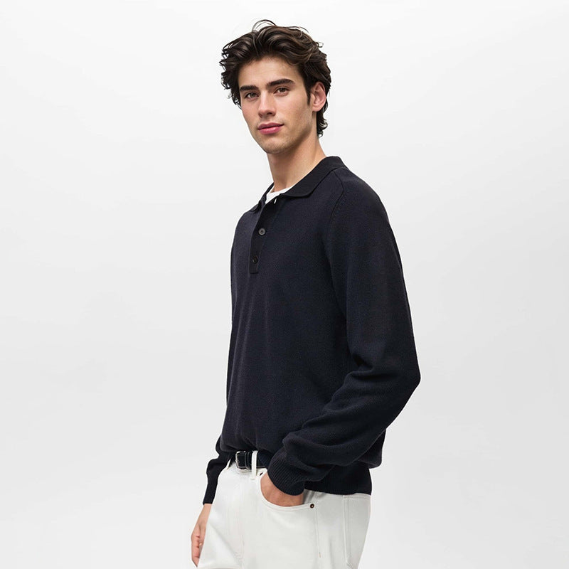 Long Sleeve Button Polo Shirt Solid Color And V-neck Business Men's Sweater