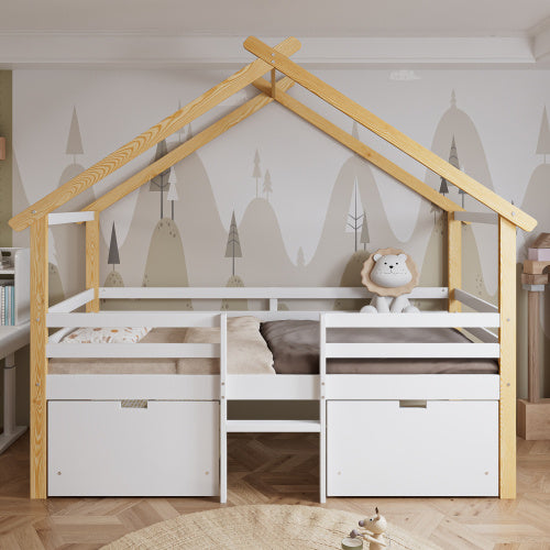 Wooden Bed, Children S Bed, 3ft Single Bed 90x190cm, MDF  Pinewood  Plywood, Safety Guardrail, Two Storage Drawers With Wheels,Roof Shape, White  Natural
