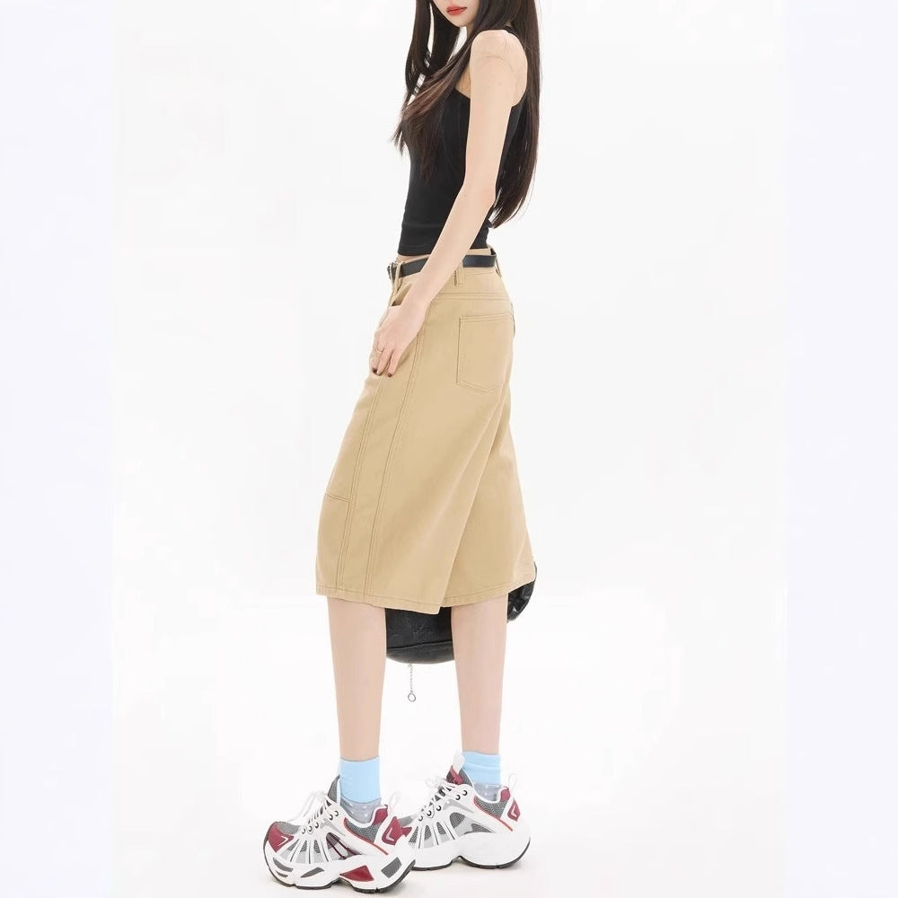 Khaki Workwear Wide Leg Cropped Denim Women's Shorts