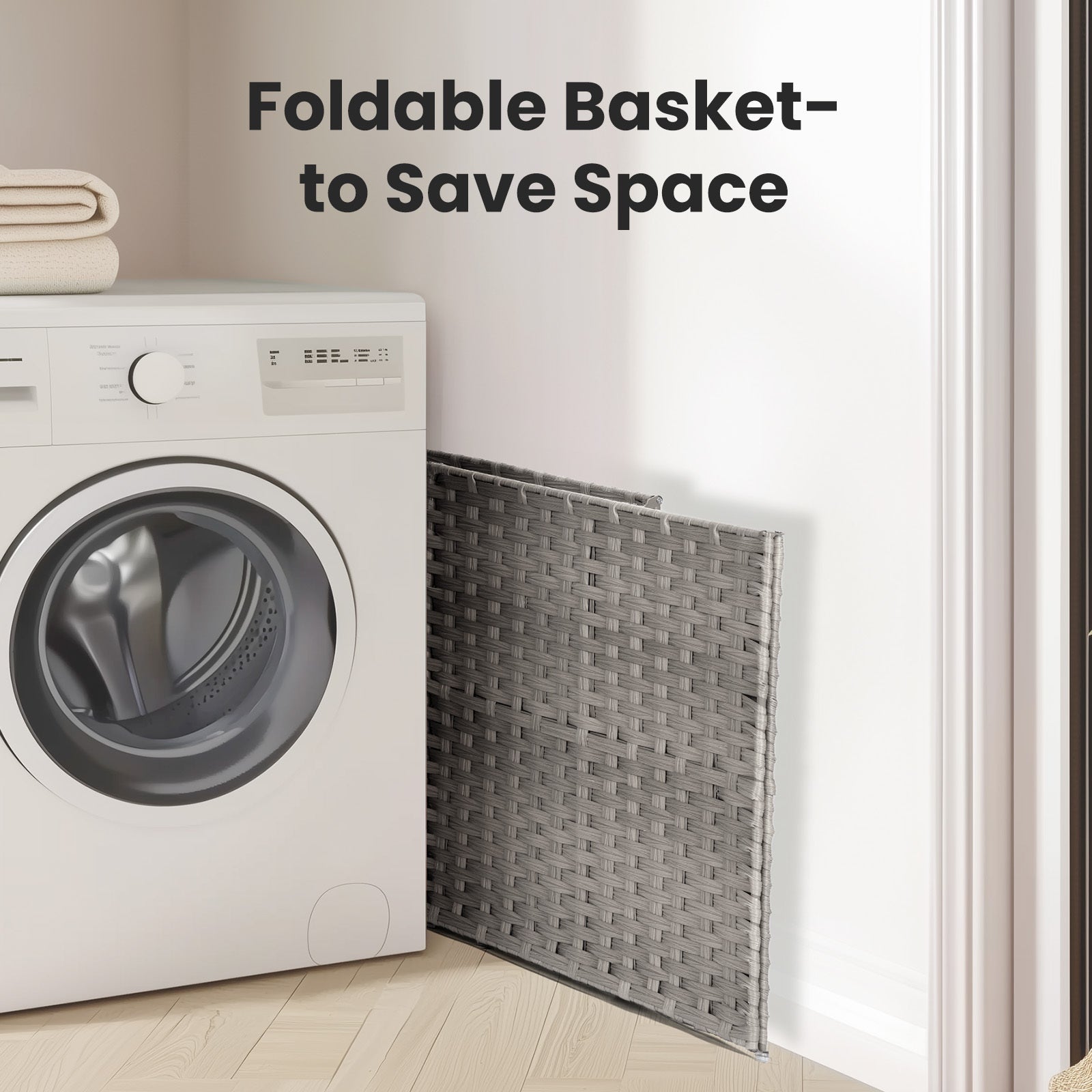 Laundry Basket With Lid, 110 L Hand-Woven Pp Rattan Laundry Basket With Compartments & Handles, Foldable, Removable Liner