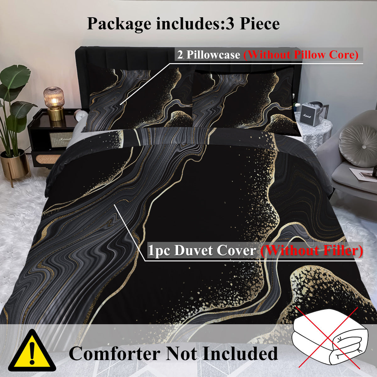 Black Gold Grey Marble Bedding Watercolor Marble Duvet Cover Set Abstract Chic Printed Design Quilt Cover Single 1 Duvet Cover 2 Pillowcases
