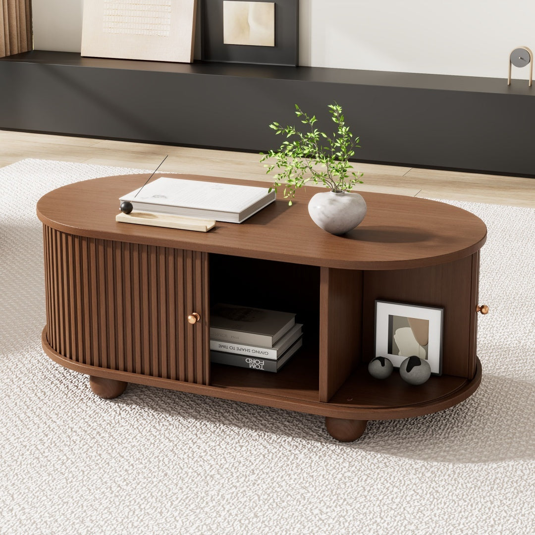 Oval Coffee Table With 2 Sliding Doors, Rounded Corners,Hidden Compartment Center Table, Sofa Table With Storage Space, Side Table With Central Open Storage Area,100X50X40cm,Oak Color,MDF