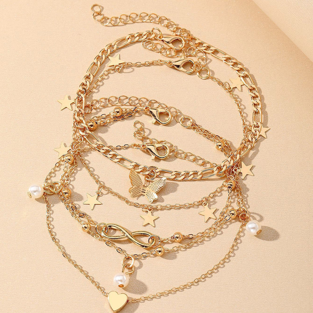 Best Seller In Europe And America Butterfly Pearl Heart Anklet 4-piece Set Multi-layer