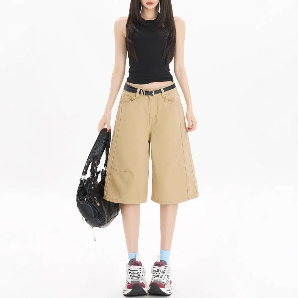 Khaki Workwear Wide Leg Cropped Denim Women's Shorts