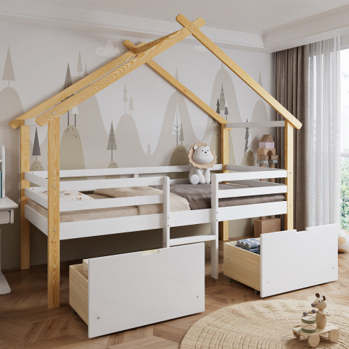 Wooden Bed, Children S Bed, 3ft Single Bed 90x190cm, MDF  Pinewood  Plywood, Safety Guardrail, Two Storage Drawers With Wheels,Roof Shape, White  Natural