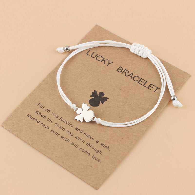 Couple Woven Adjustable Wax Line Stainless Steel Angel Bracelet