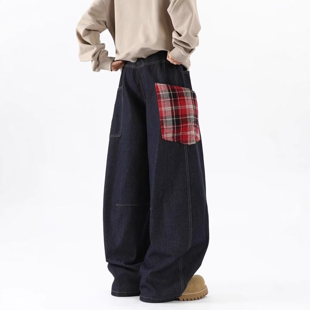 Fashion Plaid Stitching Sickle Wide-leg Jeans For Men