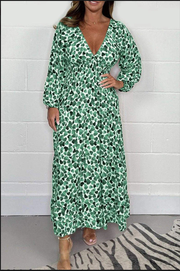 Women's Fashion High Waist V-neck Floral Dress