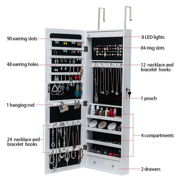 Non Full Mirror Wooden Wall Mounted 4-layer Shelf With 2 Drawers And 8 Blue LED Lights For Jewelry Storage, White Mirror Cabinet