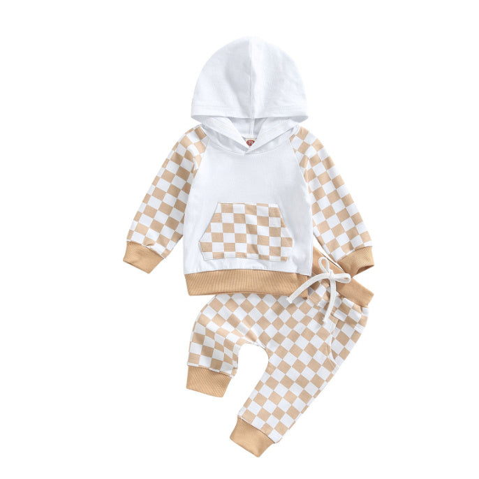 Casual Boys' Plaid Patchwork Hoodie Trousers Suit