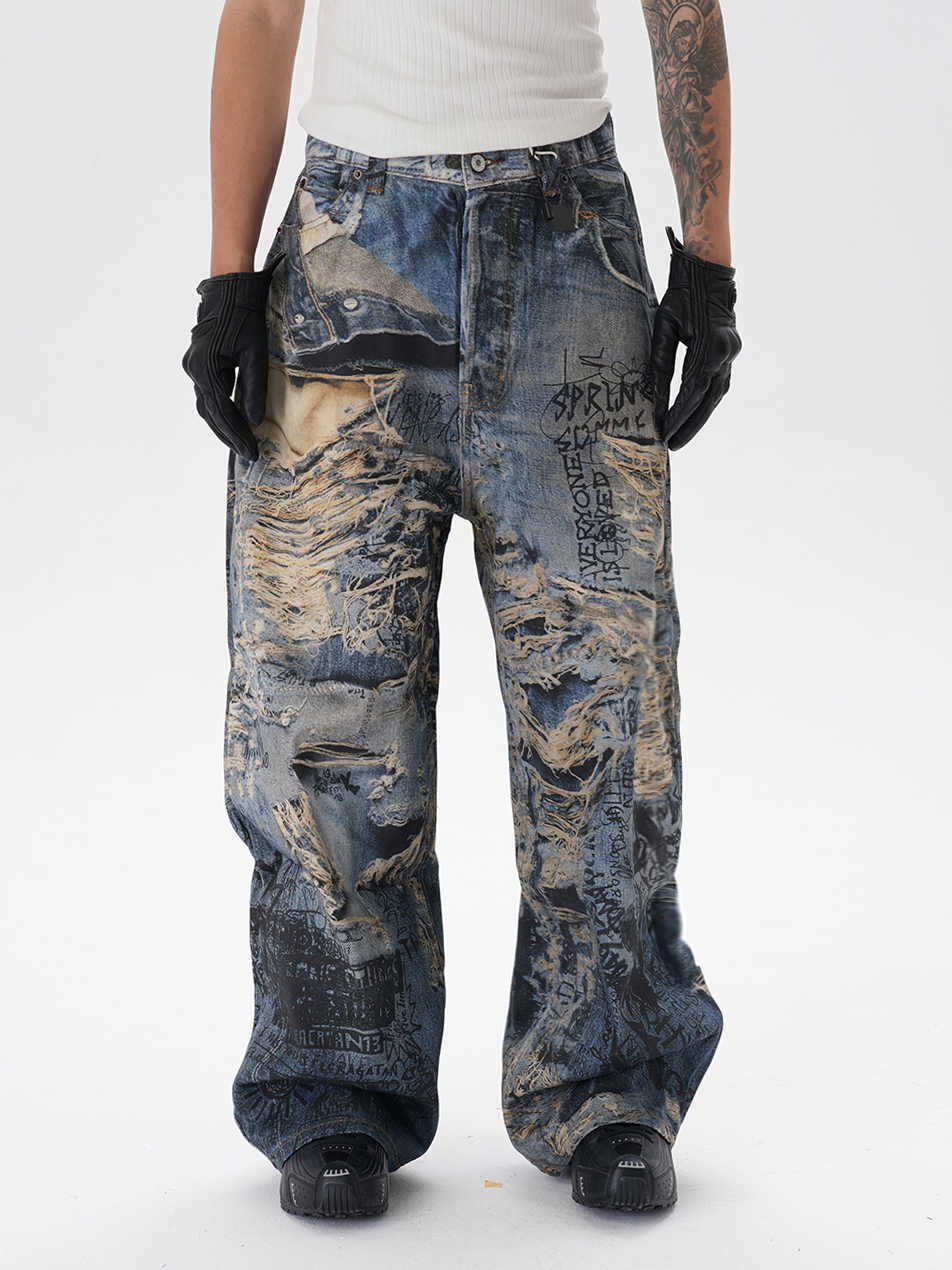 3D Digital Printing Ripped Graffiti Straight Jeans