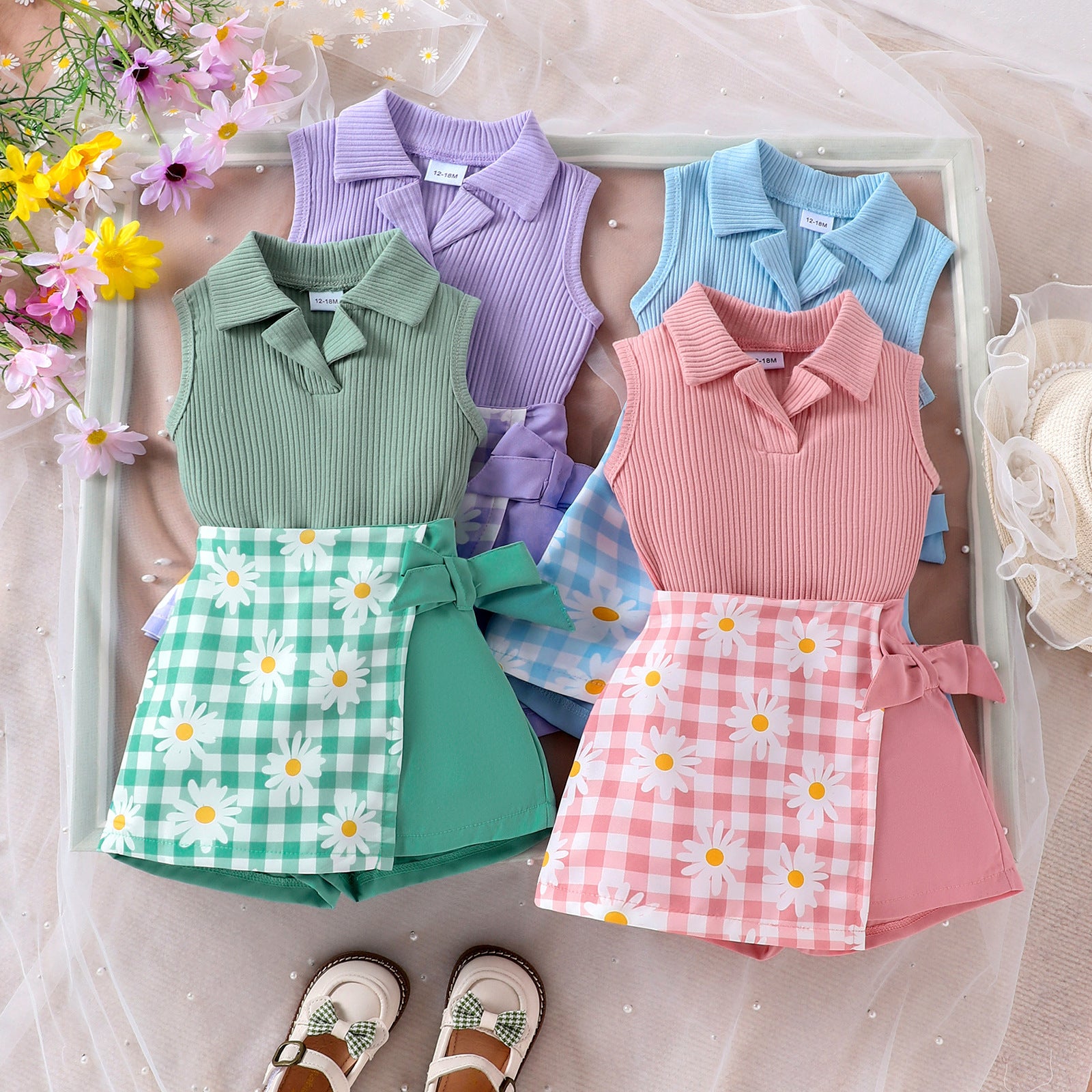 Girls' Fashion Plaid Stitching Shorts Suit