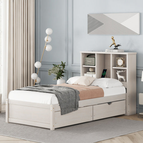 Modern Twin Size Bed Frame With Built-in USB Port On Bookcase Headboard And 2 Drawers For White Washed Color
