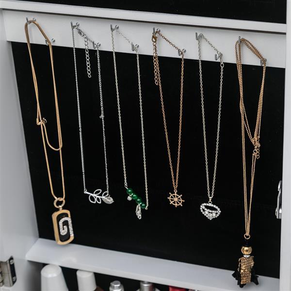 Non Full Mirror Wooden Wall Mounted 4-layer Shelf With 2 Drawers And 8 Blue LED Lights For Jewelry Storage, White Mirror Cabinet