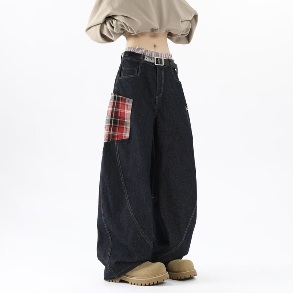 Fashion Plaid Stitching Sickle Wide-leg Jeans For Men