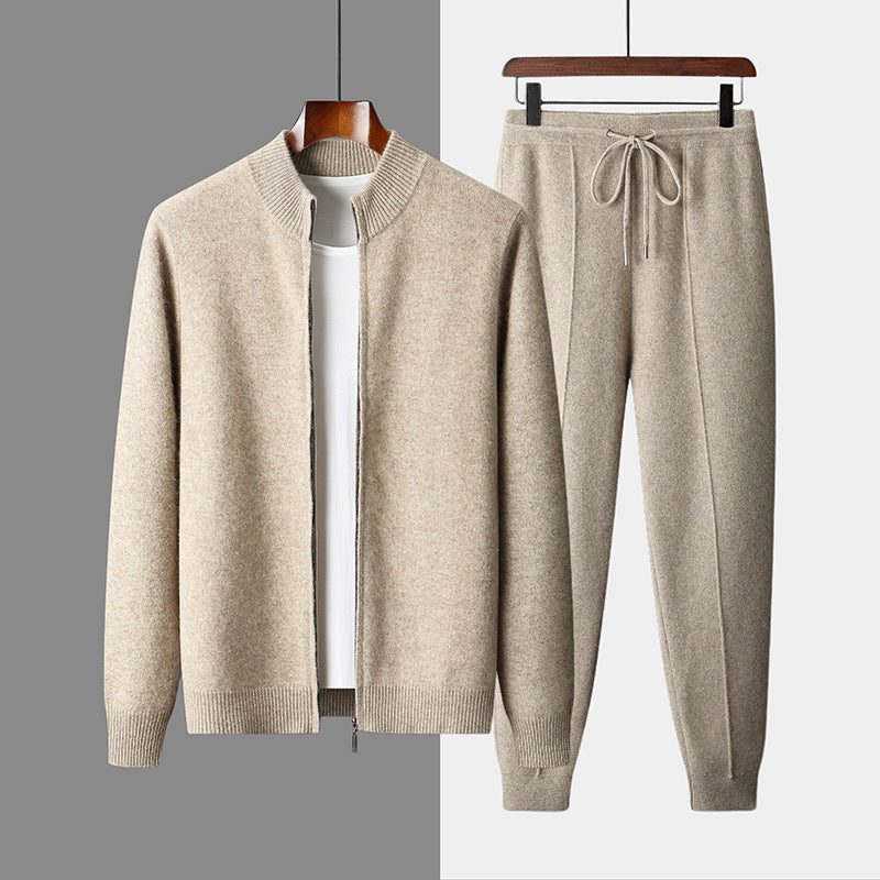 Wool Cardigan Men's Stand Collar Zipper Knitted Sweater Coat Warm And Loose Cashmere Pants Men