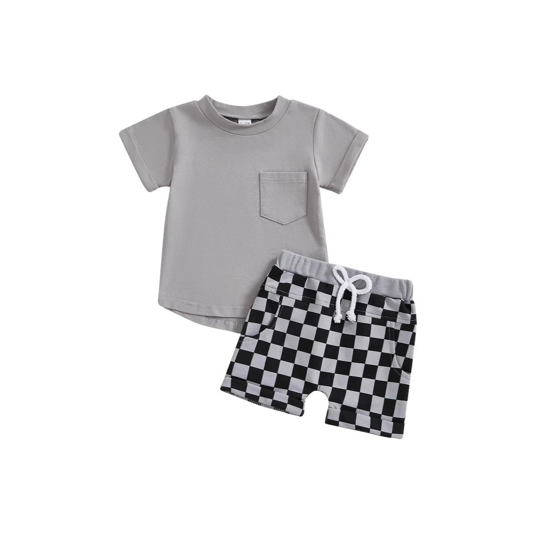 Fashion Personality Boy T-shirt Plaid Shorts Suit