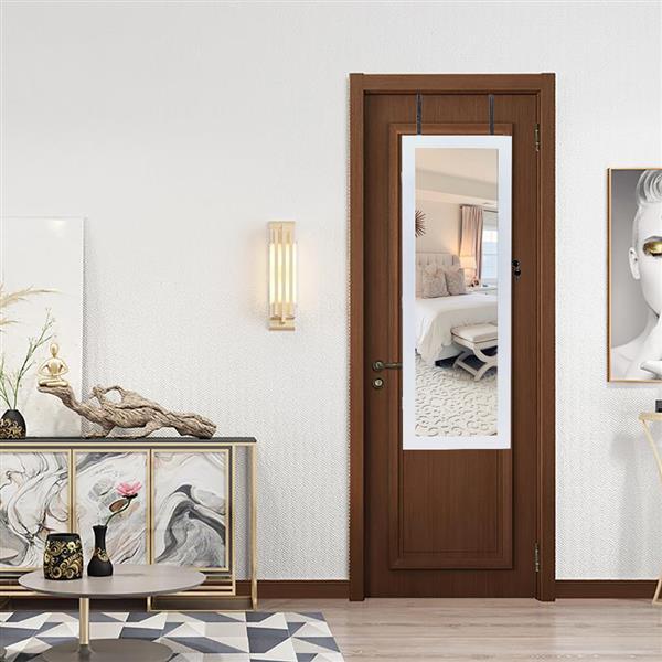 Non Full Mirror Wooden Wall Mounted 4-layer Shelf With 2 Drawers And 8 Blue LED Lights For Jewelry Storage, White Mirror Cabinet