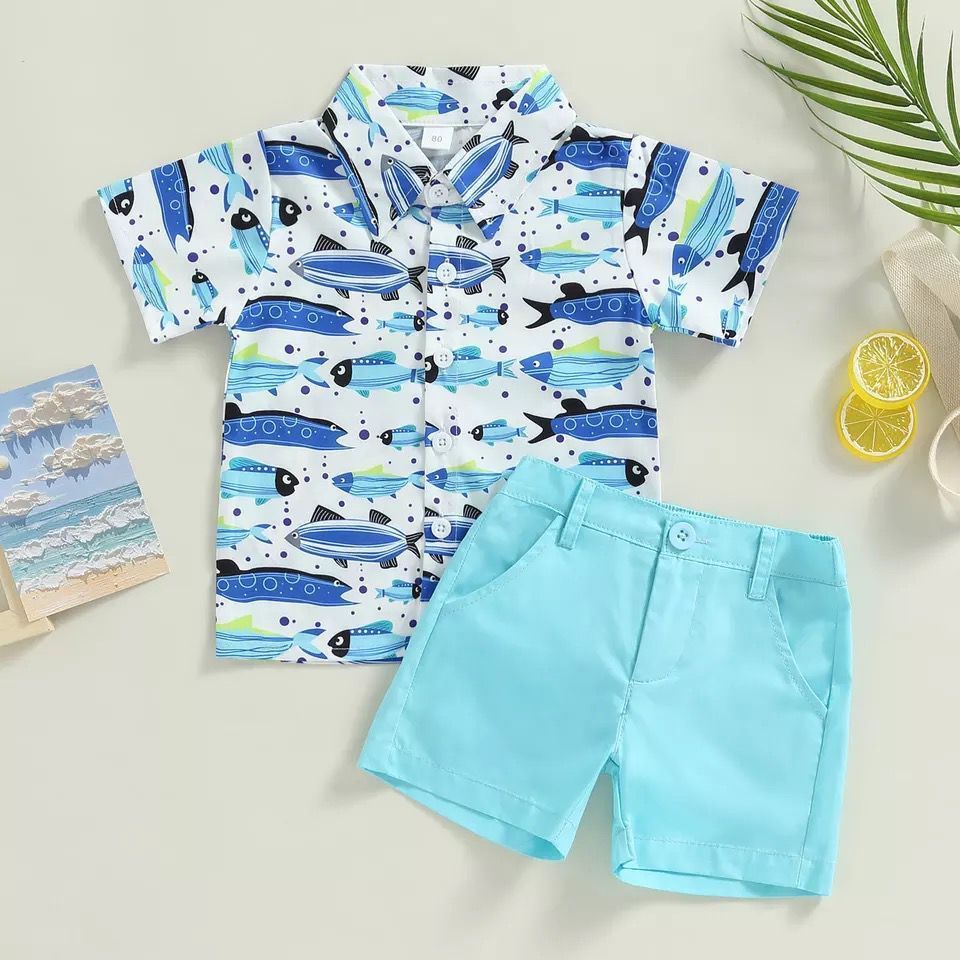 Boy Short Sleeve Printed Shirt Solid Color Shorts Casual Two-piece Suit
