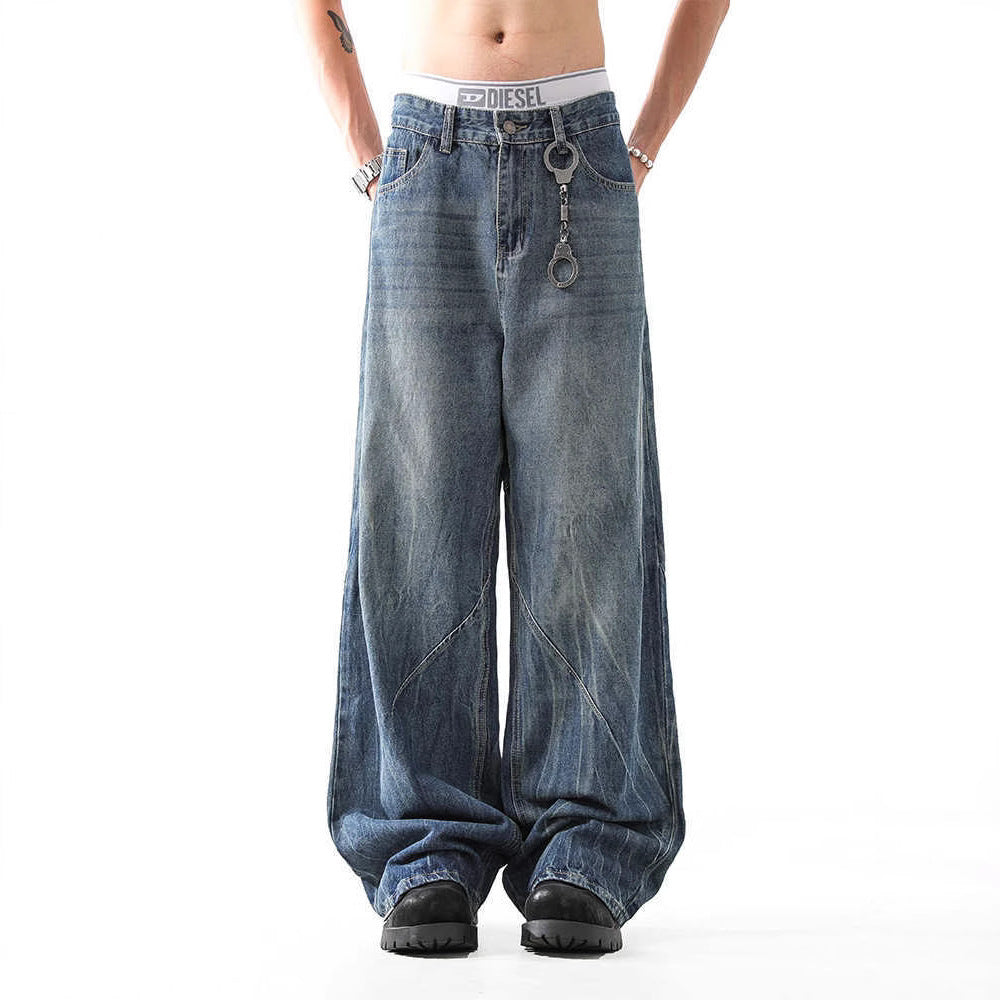 Lightning Pattern Washed Straight Jeans Men