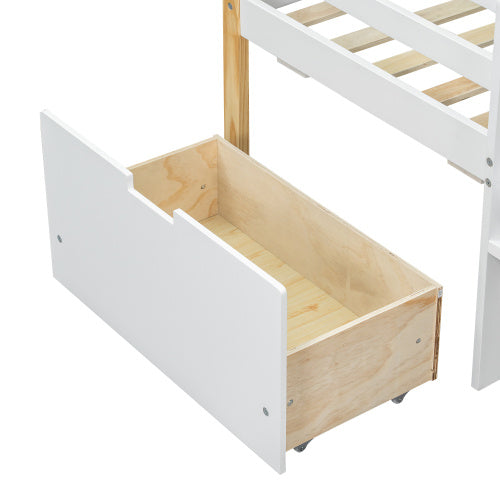 Wooden Bed, Children S Bed, 3ft Single Bed 90x190cm, MDF  Pinewood  Plywood, Safety Guardrail, Two Storage Drawers With Wheels,Roof Shape, White  Natural
