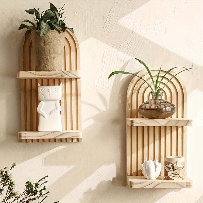 2 Wooden Double Wall Shelves - Simple Faux Wood Curved Shelves With Decorative Tops, Space-saving For Storing Plants, Books And Decorations - Versatile Wall-mounted Organizers For Your Living Room